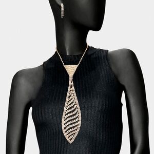 Gold Crystal Necktie Rhinestones Tie Necklace Chain Set Statement Jewelry Wave